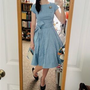 Elegant 50s style Blue Polka Dot Midi Dress